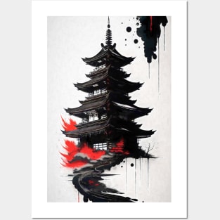 Japan Ink Style Temple Posters and Art